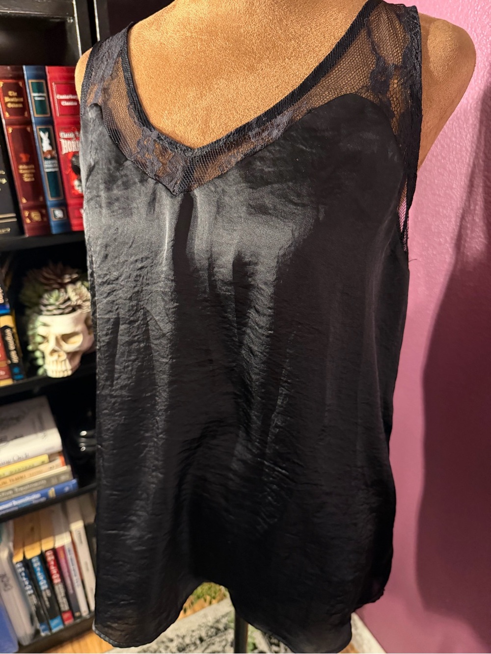 Black Lace Trim Satin/silky sleeveless Top